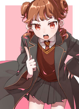 017moti 1girl black_robe brown_hair diagonal-striped_clothes diagonal-striped_necktie double_bun gryffindor hair_bun harry_potter_(series) harry_potter_and_the_cursed_child highres hogwarts_school_uniform necktie red_necktie robe rose_weasley scarf school_uniform skirt solo striped_clothes striped_necktie striped_scarf wizarding_world