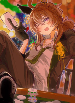 ahoge animal_ears blush breasts brown_hair card chair collared_shirt ear_covers feet_up gloves hair_between_eyes highres holding holding_card horse_ears horse_girl horse_tail jacket long_hair long_sleeves nakayama_festa_(festival_game)_(umamusume) nakayama_festa_(umamusume) necktie open_clothes open_jacket open_mouth pants poker_chip poker_table purple_eyes roroko_momo shirt single_ear_cover single_glove sitting smile table tail umamusume