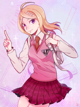 Rule 34 | 1girl, ahoge, akamatsu kaede, backpack, bag, blonde hair, breasts, chocoare, closed mouth, collared shirt, commentary request, cowboy shot, danganronpa (series), danganronpa v3: killing harmony, eyelashes, fortissimo, hair ornament, holding strap, index finger raised, long sleeves, medium hair, musical note, musical note hair ornament, musical note print, necktie, pink vest, purple eyes, red necktie, red skirt, shirt, sidelocks, skirt, smile, solo, vest, white shirt