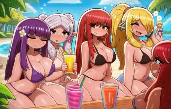 6+girls absurdres beach bikini bikini_skirt black_bikini blonde_hair blue_bikini blue_eyes blue_sarong blush breasts brown_eyes bush cellphone character_request check_character cleavage closed_eyes cloud collarbone crossover cup cynthia_(pokemon) dark_skin drink drinking_glass drinking_straw earrings elf erza_scarlet fairy_tail fern_(sousou_no_frieren) floral_print flower flower_necklace food frieren fruit green_eyes grey_hair grin hair_flower hair_ornament hair_over_one_eye hand_on_own_hip heart highres holding holding_cup holding_drink holding_phone hoop_earrings ice ice_cube jewelry juice large_breasts lei lemon lemon_slice lemonade long_hair looking_at_viewer multiple_girls navel necklace nintendo ocean open_mouth orange_juice palm_tree phone pointy_ears pokemon pokemon_bw pokemon_dppt pokemon_sm ponytail print_sarong purple_bikini purple_hair red_hair sand sarong sidelocks sitting sky skyla_(pokemon) sleeping slushie smartphone smile sousou_no_frieren sparkle speech_bubble spoken_heart spoken_sun standing summer swimsuit table talking_on_phone teeth thick_thighs thighs tony_welt tree twintails water white_bikini white_flower wide_hips zzz