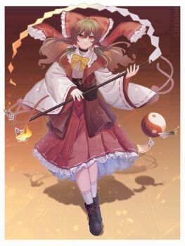 1girl absurdres alternate_costume boots bow bowtie brown_boots brown_hair burning burning_paper commentary_request fire frilled_bow frilled_hair_tubes frilled_skirt frills full_body gohei hair_bow hair_tubes hakurei_reimu highres holding holding_gohei jacket lace-up_boots long_hair looking_at_viewer ofuda open_clothes open_jacket orb red_eyes red_jacket red_skirt reimu_day ribbon-trimmed_skirt ribbon-trimmed_sleeves ribbon_trim s-tea-m shadow shirt skirt socks solo touhou white_shirt white_socks yellow_bow yellow_bowtie yin_yang yin_yang_orb
