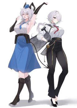 2girls absurdres arm_pouch arm_up armband armpits backless_shirt bare_shoulders belt_pouch black_armband black_boots black_bridal_gauntlets black_cape black_choker black_gloves black_horns black_pants black_shoes black_tail blue_eyes blue_hat blue_necktie blue_skirt blush boots breasts brid_(nikke) brid_(nikke)_(cosplay) bridal_gauntlets button_gap cape chest_harness choker cleavage closed_mouth collared_shirt commentary commission cosplay costume_switch curled_horns demon_tail english_commentary full_body garrison_cap gloves goddess_of_victory:_nikke grey_hair hair_between_eyes hair_intakes hair_over_one_eye hand_on_own_hip harness hat high-waist_pants high-waist_skirt high_heel_boots high_heels highres horns knee_boots large_breasts long_hair long_skirt low_ponytail mugripley multiple_girls necktie open_mouth pants partially_unbuttoned ponytail pouch red_eyes red_necktie second-party_source shadow shirt shirt_tucked_in shoes sideboob sideless_shirt sidelocks simple_background skirt sleeveless sleeves_rolled_up standing striped_necktie tail tight_clothes tight_pants trait_connection ueda_hitomi voice_actor_connection white_background white_shirt wuthering_waves yawning zani_(wuthering_waves) zani_(wuthering_waves)_(cosplay) zipper