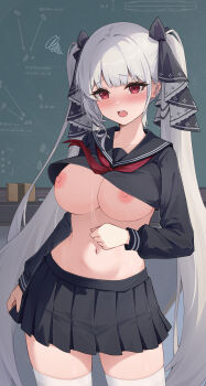 1girl absurdres azur_lane black_sailor_collar black_shirt black_skirt blunt_bangs blush breasts chalkboard chinese_commentary clothes_lift collarbone crop_top crop_top_overhang formidable_(azur_lane) formidable_(the_lover's_heart_flutters_on_duty)_(azur_lane) grey_hair highres long_hair long_sleeves looking_at_viewer miniskirt neckerchief nipples official_alternate_costume open_mouth physics pleated_skirt red_eyes red_neckerchief sailor_collar school_uniform serafuku shirt shirt_lift skirt solo stomach tearing_up thighhighs twintails underboob very_long_hair white_thighhighs youmi_kong_xiang zettai_ryouiki