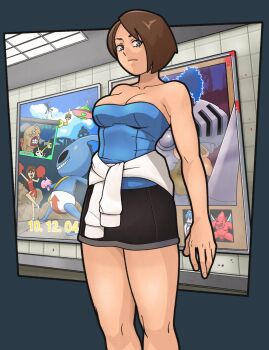 Rule 34 | 1girl, bare shoulders, breasts, brown hair, cleavage, clothes around waist, cosmi, firebrand, fumphole, highres, jill valentine, makaimura, medium breasts, miniskirt, nemesis (resident evil), resident evil, resident evil 3: nemesis, short hair, sir arthur (makaimura), skirt, sleeveless, sweater, sweater around waist, under the skin