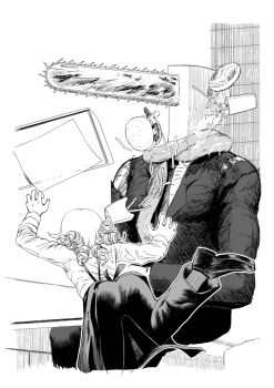 1boy 1girl burger chainsaw chainsaw_devil chainsaw_man commentary_request cup disposable_cup dress_shirt food food_on_face formal_clothes french_fries greyscale harutaro_nico higashiyama_kobeni idolmaster idolmaster_cinderella_girls intestine_clothing intestines jacket monochrome morikubo_nono necktie p-head_producer parody producer_(idolmaster) restaurant ringlets scene_reference shirt sitting suit takahashi_karin torn_clothes torn_jacket tray tripping voice_actor_connection