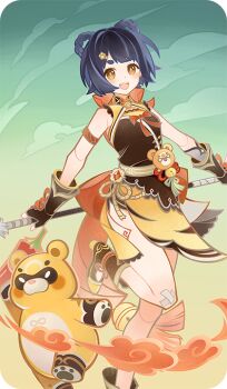 1girl bad_source bandaid bandaid_on_knee bandaid_on_leg bare_shoulders black_gloves blue_hair braid china_dress chinese_clothes dress fingerless_gloves genshin_impact gloves guoba_(genshin_impact) hair_ornament hair_rings holding looking_at_viewer official_art open_mouth short_hair smile standing tassel xiangling_(genshin_impact) yellow_eyes