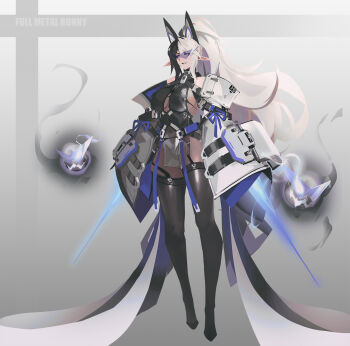 1girl animal_ears bare_shoulders black_garter_straps black_thighhighs boots breasts coat dual_wielding elf fake_animal_ears full_body garter_straps grey_background highres holding large_breasts long_sleeves mecha_musume original pelvic_curtain pointy_ears sideboob simple_background smjim1986 solo thigh_boots thighhighs triangular_eyewear white_coat