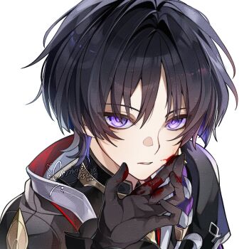 Rule 34 | 1boy, 1girl, artist name, artist request, bishounen, black gloves, black hair, black kimono, black sleeves, blood, blood on face, blood on hands, commission, commissioner insert, curtained hair, eyelashes, eyeliner, frilled sleeves, frills, genshin impact, gloves, gold, hayami momo (hayamimomo), highres, japanese clothes, jewelry, juban, kimono, looking at viewer, makeup, mandarin collar, neck ring, oc x canon, open hand, original, parted lips, purple eyes, purple rope, red eyeliner, red kimono, rope, scaramouche (genshin impact), second-party source, shimenawa, short sleeves, single sode, tsurime, watermark, watermark grid, white kimono, white mouth, white rope