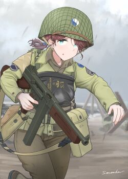 Rule 34 | 1girl, 29th infantry division, absurdres, artist name, blue eyes, brown hair, brown pants, brown shirt, combat helmet, commentary request, czech hedgehog, d-day, finger on trigger, green jacket, gun, gun sling, hair ornament, helmet, highres, invasion of normandy, jacket, looking at viewer, m1 helmet, military, military combat uniform, military rank insignia, military uniform, original, pants, patch, ponytail, revision, running, savankov, shirt, shoulder patch, signature, solo, submachine gun, thompson submachine gun, unit patch, united states army, weapon, world war ii
