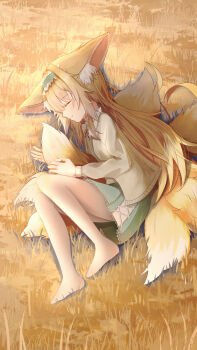 1girl absurdres animal_ears arknights blonde_hair cardigan chinese_commentary closed_eyes closed_mouth commentary_request flyshadow fox_ears fox_girl fox_tail frilled_hairband frills green_hairband green_skirt grey_cardigan hairband highres hugging_own_tail hugging_tail kitsune kyuubi long_hair long_sleeves lying multiple_tails no_shoes official_alternate_costume on_side open_cardigan open_clothes pantyhose skirt solo suzuran_(arknights) suzuran_(spring_praise)_(arknights) tail white_pantyhose