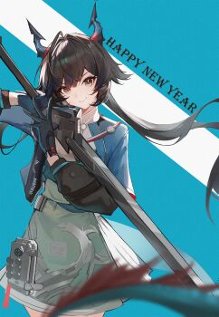 Rule 34 | 1girl, arknights, arknights: endfield, black hair, blue eyes, blue gloves, blue jacket, blurry, blurry foreground, blush, chen qianyu (arknights), closed mouth, commentary, dragon girl, dragon horns, dragon tail, english commentary, english text, film grain, gloves, heavy film grain, highres, holding, holding sword, holding weapon, horns, jacket, jiang zhuti jiojio, long hair, looking at viewer, open clothes, open jacket, shirt, skirt, smile, solo, sword, tail, twintails, weapon, white shirt, white skirt