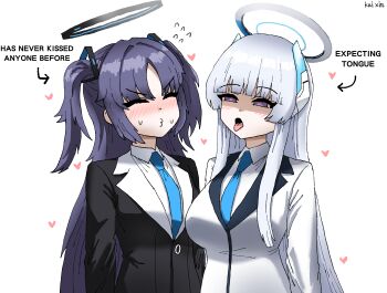 2girls absurdres artist_name black_jacket blue_archive blue_necktie blush collared_shirt english_text grey_hair halo hasn&#039;t_kissed_anyone_ever_vs_expecting_a_kiss_with_tongue_(meme) heart highres jacket kai_xin long_hair long_sleeves mechanical_halo meme multiple_girls necktie noa_(blue_archive) open_mouth puckered_lips purple_eyes purple_hair shaded_face shirt simple_background sweatdrop tongue tongue_out two_side_up white_background white_jacket white_shirt yuri yuuka_(blue_archive)