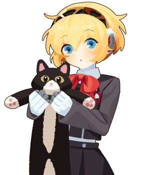 Rule 34 | 1girl, aigis (persona), android, animal, black jacket, black skirt, blonde hair, blue eyes, blush, bow, cat, gekkoukan high school uniform, hair between eyes, hairband, highres, holding, holding animal, holding cat, jacket, looking at viewer, persona, persona 3, red bow, school uniform, short hair, simple background, skirt, solo, triangle mouth, white background, yomyompi