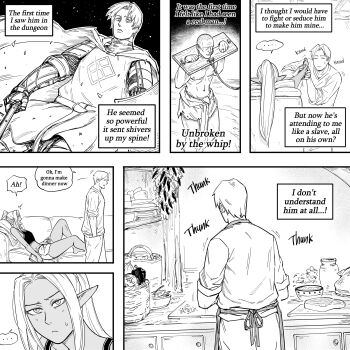 Rule 34 | ..., 1girl, 2boys, absurdres, apron, bb (baalbuddy), brother and sister, brother and step-sister, cape, casual, cooking, crop top, english text, gauntlets, highres, left-to-right manga, long hair, multiple boys, original, paladin, short hair, short shorts, shorts, siblings, slave, speech bubble, spoken ellipsis, step-brother and step-sister, step-siblings, tabard, tank top, willford diccard, zana (dark elf stepsister)