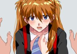 Rule 34 | 1boy, 1girl, blush, breasts, casual, hetero, highres, interface headset, long hair, looking at another, looking at viewer, neon genesis evangelion, open mouth, shirt, simple background, solo, souryuu asuka langley, sweat, two side up, upper body