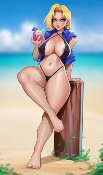 1girl alternate_costume android_18 artist_name barefoot beach bikini black_bikini blonde_hair blue_eyes blue_shirt blurry blurry_background breasts collared_shirt day depth_of_field dragon_ball dragonball_z earrings ed_(edemevas) highres hoop_earrings jewelry large_breasts looking_at_viewer navel outdoors shirt short_hair sleeveless sleeveless_shirt solo swimsuit watermark