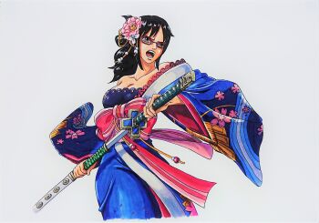 Rule 34 | 1girl, :o, absurdres, bare shoulders, black hair, blue kimono, breasts, cleavage, collarbone, commentary request, flower, glasses, grey eyes, hair flower, hair ornament, highres, holding, holding sword, holding weapon, japanese clothes, katana, kimono, medium breasts, medium hair, official alternate costume, one piece, pink flower, pink rose, red-framed eyewear, revision, rose, scabbard, sheath, simple background, solo, sword, tashigi, traditional media, unsheathing, weapon, wide sleeves, yuichi (fanghart)