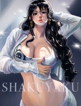 1girl absurdres black_hair breasts character_name cigarette cleavage crop_top cropped_cardigan earrings highres jewelry kuja_pirates_jolly_roger large_breasts light_smile long_hair looking_at_viewer mixed-language_commentary navel one_piece purple_nails shakuyaku_(one_piece) smile smoke snake_earrings solo stupidtako twitter_username