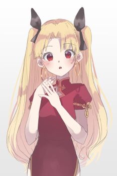 1girl black_bow blonde_hair blush bow china_dress chinese_clothes clothing_cutout commentary_request dress earrings ereshkigal_(fate) fate/grand_order fate_(series) flower_knot grey_background hair_bow hands_up highres hoop_earrings jewelry long_hair looking_at_viewer mandarin_collar open_mouth parted_bangs puffy_short_sleeves puffy_sleeves red_dress red_eyes ro96cu short_sleeves simple_background solo standing sweatdrop teeth two_side_up