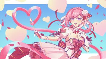 1girl absurdres balloon blue_sky border breasts cleavage commentary diamond-shaped_pupils diamond_(shape) dress elf elysia_(hi_love_elf)_(honkai_impact) elysia_(honkai_impact) english_commentary falling_petals gloves heart_balloon highres holding_ribbon_baton honkai_(series) honkai_impact_3rd large_breasts long_hair looking_at_viewer multicolored_hair open_mouth petals pink_hair pointy_ears purple_eyes red_dress sky solo symbol-shaped_pupils tsuume two-tone_dress two-tone_hair very_long_hair white_border white_dress white_gloves white_hair