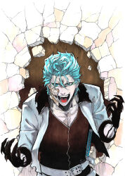 Rule 34 | 1boy, belt, black shirt, bleach, bleach: sennen kessen-hen, blue eyes, blue hair, claws, commentary, crack, cracked wall, english commentary, facial mark, fangs, fighting stance, grimmjow jaegerjaquez, hair between eyes, hands up, katana, long sleeves, looking at viewer, open clothes, open mouth, open shirt, scar, scar on chest, shirt, short hair, sideburn004, smile, solo, spoilers, straight-on, sword, teeth, tongue, upper body, weapon, white belt, white shirt