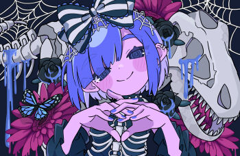 Rule 34 | 1girl, @ @, absurdres, animal skeleton, animal skull, bare shoulders, black background, black bow, black choker, black dress, black eyes, black flower, black rose, black sleeves, blood, blue blood, blue butterfly, bob cut, bow, bug, butterfly, choker, closed mouth, commentary request, detached sleeves, dinosaur skeleton, dot nose, dress, exposed bone, eyes visible through hair, flower, frilled bow, frills, hair behind ear, hair bow, hands up, head tilt, highres, insect, long sleeves, looking at viewer, nail polish, original, own hands together, pink flower, purple hair, purple nails, ribs, rose, short hair, silk, simple background, skeleton, smile, solo, spider web, spiked choker, spikes, straight-on, striped bow, teira (ooxoo), two-tone bow, upper body, white bow