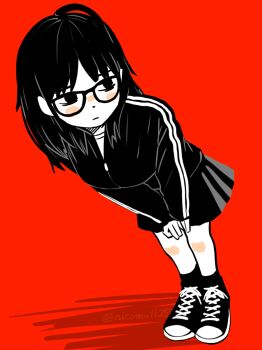 1girl full_body glasses highres long_hair long_sleeves looking_at_viewer messy_hair monochrome nicomull250 original pleated_skirt red_background red_theme shoes skirt sneakers socks solo standing twitter_username
