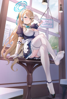 1girl :d absurdres apron aqua_bow aqua_bowtie arm_at_side arm_up asuna_(blue_archive) back_bow backlighting black_choker black_shirt black_shoes black_skirt blonde_hair blue_archive blue_eyes blue_halo blue_ribbon blush bow bowtie breasts chinese_commentary choker cleavage commentary crossed_legs day detached_collar eyelashes eyes_visible_through_hair feet frilled_apron frilled_skirt frills full_body gloves grin hair_between_eyes hair_intakes hair_ribbon halo happy headset highres indoors large_breasts long_hair loveqilaikui maid maid_headdress millennium_science_school_logo miniskirt no_shoes on_table open_mouth plant pleated_skirt potted_plant puffy_short_sleeves puffy_sleeves ribbon shirt shoes short_sleeves sidelocks single_shoe sitting skirt smile soles solo table thighhighs thighs toes tsurime upskirt v v_over_eye very_long_hair waist_apron white_apron white_bow white_gloves white_thighhighs window