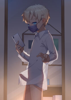 1boy absurdres blonde_hair blue_eyes bottomless cellphone erection highres holding holding_phone indoors liu_xi_ruki male_focus mask mirror mirror_selfie original penis phone selfie shirt shota smartphone solo standing testicles white_shirt