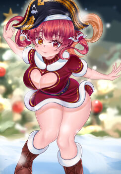 1girl alternate_costume black_hat boots breasts brown_boots christmas_ornaments christmas_tree cleavage cleavage_cutout closed_mouth clothing_cutout commentary_request dress fur-trimmed_dress fur_trim hair_ribbon hat heart_cutout heterochromia highres hololive houshou_marine large_breasts long_hair looking_at_viewer outdoors pirate_hat red_dress red_eyes red_hair red_ribbon ribbon rorol_reime snow snowing solo twintails virtual_youtuber yellow_eyes