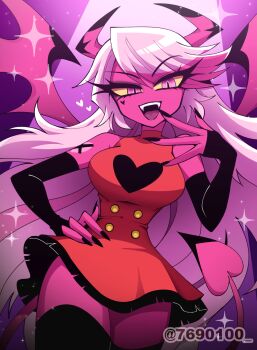 1girl :d backlighting bare_shoulders black_gloves black_horns black_nails black_tail black_thighhighs black_wings breasts buttons charlie_morningstar charlie_morningstar_(cosplay) colored_skin commentary_request cosplay cowboy_shot demon_girl demon_horns demon_tail demon_wings double-breasted dress elbow_gloves eyelashes eyes_visible_through_hair facial_mark fangs fingerless_gloves fingernails from_below gloves gold_buttons hand_on_own_hip hand_up hazbin_hotel heart heart_facial_mark hellaverse helluva_boss highres horns light_particles long_fingernails long_hair medium_breasts menattou multicolored_horns no_nose open_mouth petticoat pink_eyes pink_hair pink_horns pink_skin pink_tail pink_wings purple_background red_dress short_dress shoulder_tattoo simple_background sleeveless sleeveless_dress sleeveless_turtleneck slit_pupils smile solo sparkle standing swept_bangs tail tattoo teeth thighhighs tongue tsurime turtleneck turtleneck_dress twitter_username two-tone_horns two-tone_tail two-tone_wings uneven_eyes upper_teeth_only v-shaped_eyebrows verosika_mayday very_long_hair wings zettai_ryouiki