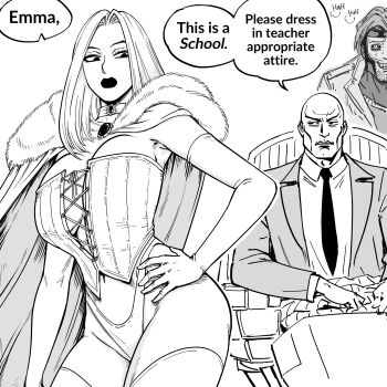1girl 2boys absurdres bald bb_(baalbuddy) black_sclera breasts cape charles_xavier choker collared_shirt colored_sclera commentary coomer_(meme) corset curvy elbow_gloves emma_frost english_commentary english_text formal_clothes fur-trimmed_cape fur_trim gambit gloves greyscale hand_on_own_hip highres jacket large_breasts lips long_hair marvel meme monochrome multiple_boys necktie revealing_clothes shirt simple_background speech_bubble suit suit_jacket thighhighs thong variant_set white_background wide_hips x-men