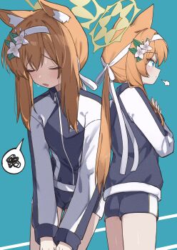 1girl absurdres animal_ears ass blonde_hair blue_archive blue_eyes blush breasts gym_uniform hairband halo highres mari_(blue_archive) mari_(track)_(blue_archive) mibashi_(hash1_bam1) open_mouth small_breasts standing yellow_halo