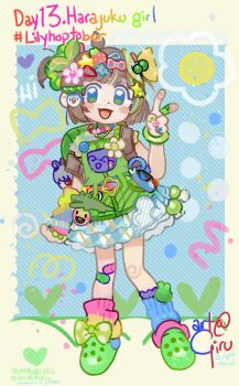 1girl :d bandaid bandaid_on_leg blue_eyes blue_socks brown_hair crocs dress freckles girutea green_dress green_nails hair_ornament harajuku_fashion highres indie_virtual_youtuber lily_hopkins loose_socks mismatched_socks multicolored_nails nail_polish open_mouth pink_nails pink_socks smile socks solo v