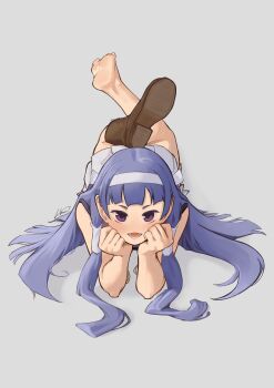 1girl absurdres aiharararara barefoot blue_hair blush boots feet_up grey_background headband highres kannagi long_hair looking_at_viewer lying nagi_(kannagi) on_stomach open_mouth purple_eyes shoe_soles shoes simple_background single_bare_foot single_shoe soles the_pose