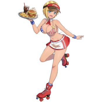 1girl :d american_flag american_flag_bikini american_flag_print apron bikini blonde_hair blue_eyes burger cola dark-skinned_female dark_skin detached_collar dolphin_wave flag_print flag_print_bikini food french_fries full_body game_asset groin highres holding holding_tray looking_at_viewer murahaya_mashio navel non-web_source official_art ootomo_takuji open_mouth print_bikini red_skirt roller_skates self-datamine short_hair skates skirt smile solo standing standing_on_one_leg swept_bangs swimsuit tan transparent_background tray visor_cap waist_apron waitress