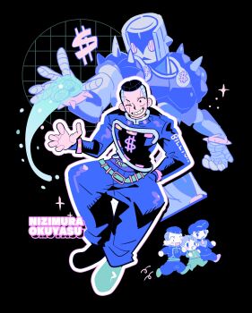 Rule 34 | 3boys, absurdres, belt, belt buckle, black background, black eyes, black hair, blue pants, buckle, character name, commentary request, diamond wa kudakenai, dollar sign, full body, gakuran, gogeyama, grid teeth, grin, hand in pocket, higashikata josuke, highres, hirose koichi, jacket, jojo no kimyou na bouken, long sleeves, male focus, multiple boys, nijimura okuyasu, one eye closed, pants, pompadour, school uniform, short hair, smile, solo focus, sparkle, spikes, stand (jojo), the hand (stand), yen sign