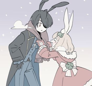1boy 1girl ahoge animal_ear_fluff animal_ears black_coat black_gloves black_hair bow bowtie breath brown_cape brown_mittens brown_scarf cape coat commentary_request cowboy_shot eyepatch gloves green_bow grey_bow grey_bowtie grey_pants grey_vest hair_between_eyes hair_over_one_eye light_brown_hair long_bangs mittens namosuke_(oetwmkekmz) open_clothes open_coat open_mouth pants rabbit_boy rabbit_ears rabbit_girl scarf short_hair snow snowing tales_weaver vest
