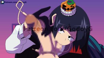 1boy 1girl animated animated_gif artist_name black_eyes black_gloves black_hair blunt_bangs boku_no_hero_academia censored earrings felipe_godoy gloves gradient_background hair_ornament halloween handjob hat hetero jewelry jiro_kyoka looking_at_viewer mini_hat oral penis pinky_out pov pumpkin_hat purple_background purple_hair short_hair star_(symbol) star_earrings testicle_sucking testicles urethral_insertion watermark