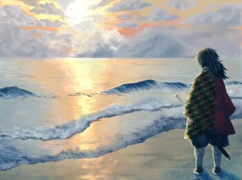 1boy beach black_hair black_pants black_socks cloud cloudy_sky commentary_request from_behind full_body haori high_collar highres japanese_clothes katana kikkoumon kimetsu_no_yaiba long_hair low_ponytail male_focus ocean pants ponytail print_haori red_haori sandals sky socks solo spiked_hair standing sun sword takotako500 tomioka_giyuu weapon