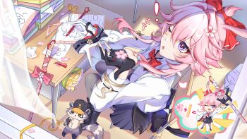 Rule 34 | !, 2girls, :o, absurdres, animal ears, asymmetrical gloves, black boots, black gloves, blue skirt, book, boots, bow, bowtie, chair, cherry blossom print, cherry blossoms, chibi, chinese commentary, classroom, commentary request, curtains, desk, evanescia (honkai: star rail), floor, floral print, flower, fox ears, fox girl, gloves, grey pantyhose, hair between eyes, hair flower, hair intakes, hair ornament, highres, holding, holding petal, holding sword, holding weapon, honkai: star rail, honkai (series), jacket, long sleeves, looking at object, mismatched gloves, multiple girls, one eye closed, pantyhose, pen, petals, pink hair, purple eyes, red bow, red bowtie, ruler, school chair, school desk, scissors, see-through curtains, shirt, short hair with long locks, sitting, skirt, sword, weapon, white gloves, white jacket, white shirt, wide sleeves, window, woshiyvxueai