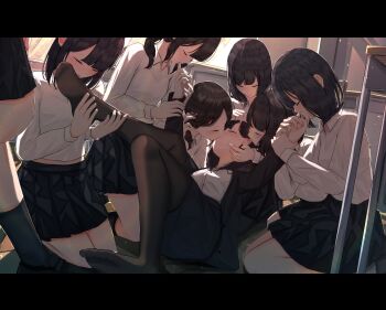 6+girls absurdres benevole black_hair black_pantyhose black_skirt brown_hair classroom closed_eyes collared_shirt ear_licking finger_sucking highres indoors kiss letterboxed licking licking_foot long_sleeves multiple_girls no_shoes original pantyhose school_uniform shirt skirt surrounded white_shirt yuri