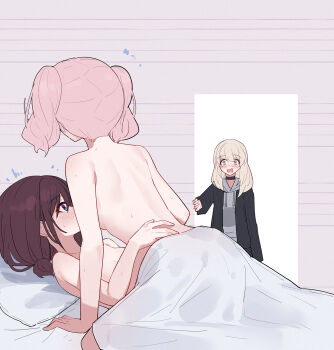 Rule 34 | 3girls, black jacket, blue eyes, blush, breasts, brown hair, chinese commentary, commentary request, girls band cry, grey eyes, grey hair, grey hoodie, highres, hina (girls band cry), hood, hood down, hoodie, iseri nina, jacket, kawaragi momoka, long hair, low twintails, medium breasts, meme, multiple girls, open clothes, open jacket, open mouth, pink hair, precure netorare (meme), short hair, short twintails, sweat, twintails, walk-in, yun cao bing, yuri