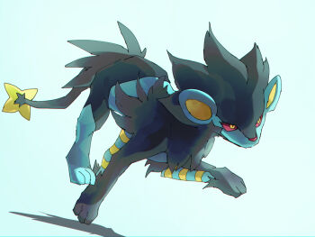 animal_focus black_fur blue_fur closed_mouth colored_sclera full_body fusenryo gen_4_pokemon luxray nintendo no_humans pokemon pokemon_(creature) pokemon_focus red_sclera simple_background solo tail two-tone_fur yellow_eyes