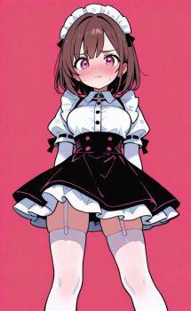 brown_hair maid petite pink_eyes red_background thighhighs
