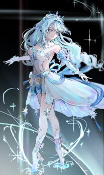 Rule 34 | 1girl, absurdres, bare shoulders, blue eyes, breasts, commentary request, detached sleeves, dress, full body, gloves, high heels, highres, honkai (series), honkai impact 3rd, kiana kaslana, kiana kaslana (ba-dum! fiery wishing star), kiana kaslana (wintery wishes), long hair, medium breasts, official alternate costume, popoko n, solo, tiara, very long hair, white dress, white gloves, white hair