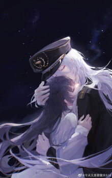 1boy 1girl absurdres awu_awu black_coat black_hat cael_anselm cael_anselm_(spirit_world) chinese_commentary closed_eyes coat commentary_request couple covered_mouth dress from_side gloves hair_between_eyes hand_on_another's_head hat height_difference heroine_(lovebrush_chronicles) hetero highres hug implied_kiss long_hair long_hair_between_eyes long_sleeves lovebrush_chronicles military_hat peaked_cap profile purple_hair sky sleeve_cuffs sleeves_past_wrists star_(sky) starry_sky upper_body watermark weibo_watermark white_dress white_gloves white_hair