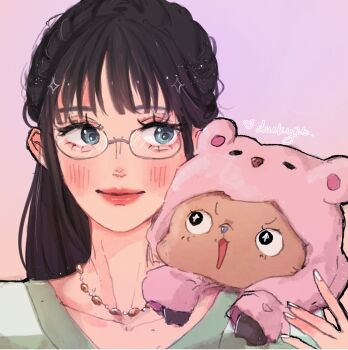 1boy 1girl black_hair blue_eyes blue_nose blunt_bangs blush commentary eyeshadow heart highres jewelry looking_to_the_side makeup mascara necklace nico_robin on_shoulder one_piece pink_lips ponytail purple_background ria_(917_ria) smile tony_tony_chopper white_nails