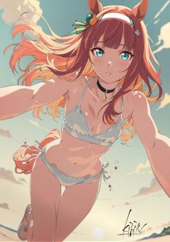1girl animal_ears aqua_eyes bikini black_choker blunt_bangs blush breasts choker cleavage collarbone commentary_request foot_out_of_frame hair_ornament hairband highres hime_cut horse_ears horse_girl horse_tail kibidango_14-gou long_hair looking_at_viewer navel orange_hair orange_tail outdoors revision sandals side-tie_bikini_bottom silence_suzuka_(umamusume) solo stomach swimsuit tail toes umamusume white_bikini white_hairband