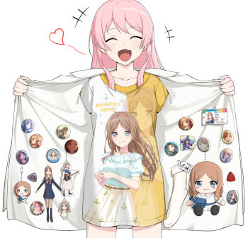 Rule 34 | 1girl, anglediana, bang dream!, bang dream! it's mygo!!!!!, blush, character doll, charm (object), chibi, chihaya anon, closed eyes, commentary request, doll, fang, heart, highres, long hair, nagasaki soyo, open mouth, oshikatsu, otaku, pink hair, plectrum, school uniform, shirt, skin fang, socks, solo, tsukinomori school uniform, unworn socks, white shirt, yellow shirt
